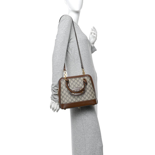 GG Supreme Monogram Azalea Calfskin Small Horsebit 1955 Top Handle Bag Beige Ebony Brown Sugar