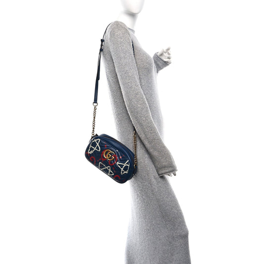 Calfskin Matelasse GucciGhost Small GG Marmont Chain Shoulder Bag Black Hibiscus Red