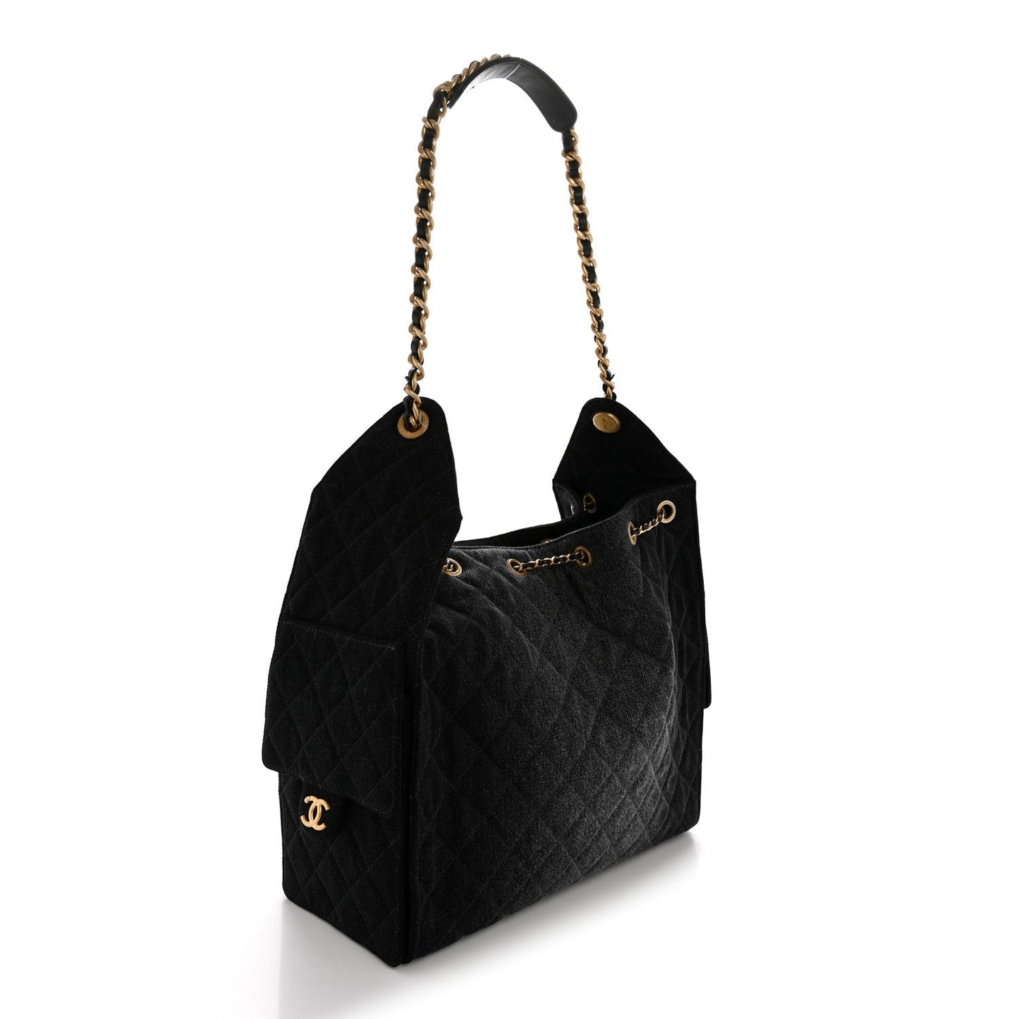 Washed Denim Quilted Medium Chanel 25 Handbag Black