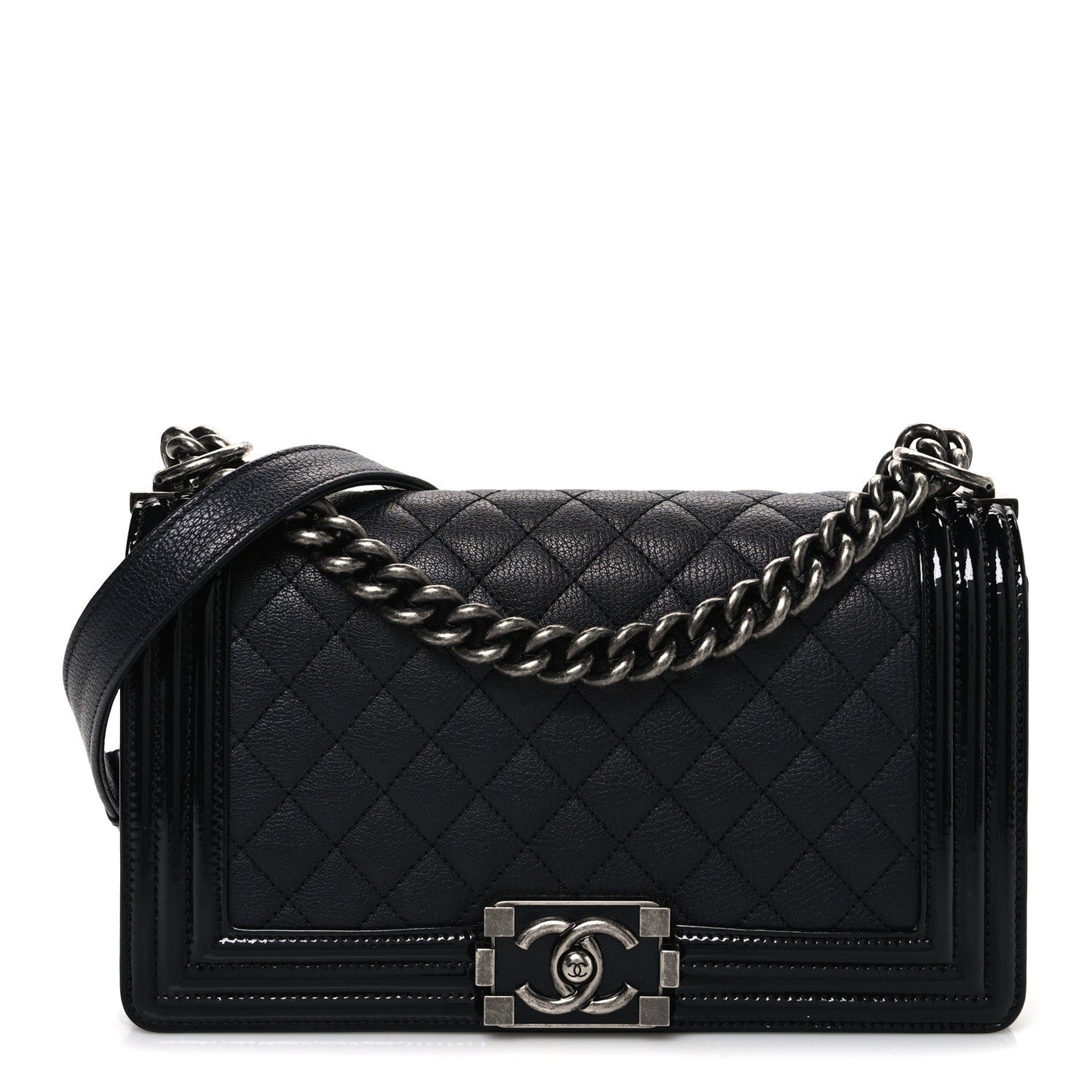 Goatskin Quilted Patent Medium Duo Boy Flap Black