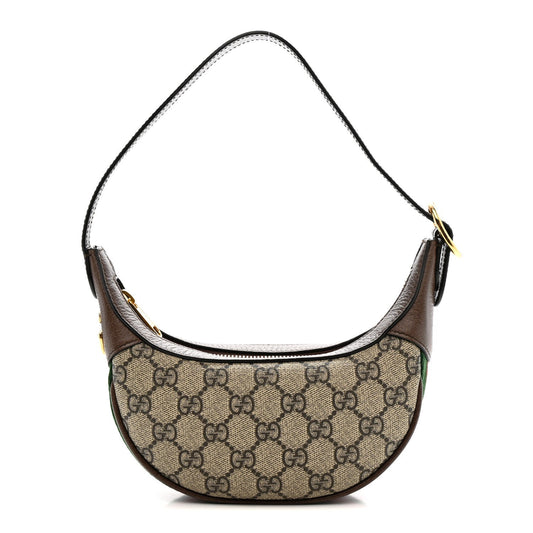 GG Supreme Monogram Textured Calfskin Web Mini Ophidia Half Moon Hobo Beige Ebony New Acero
