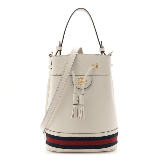 Glazed Textured Calfskin Web Small Ophidia Bucket Bag Mystic White