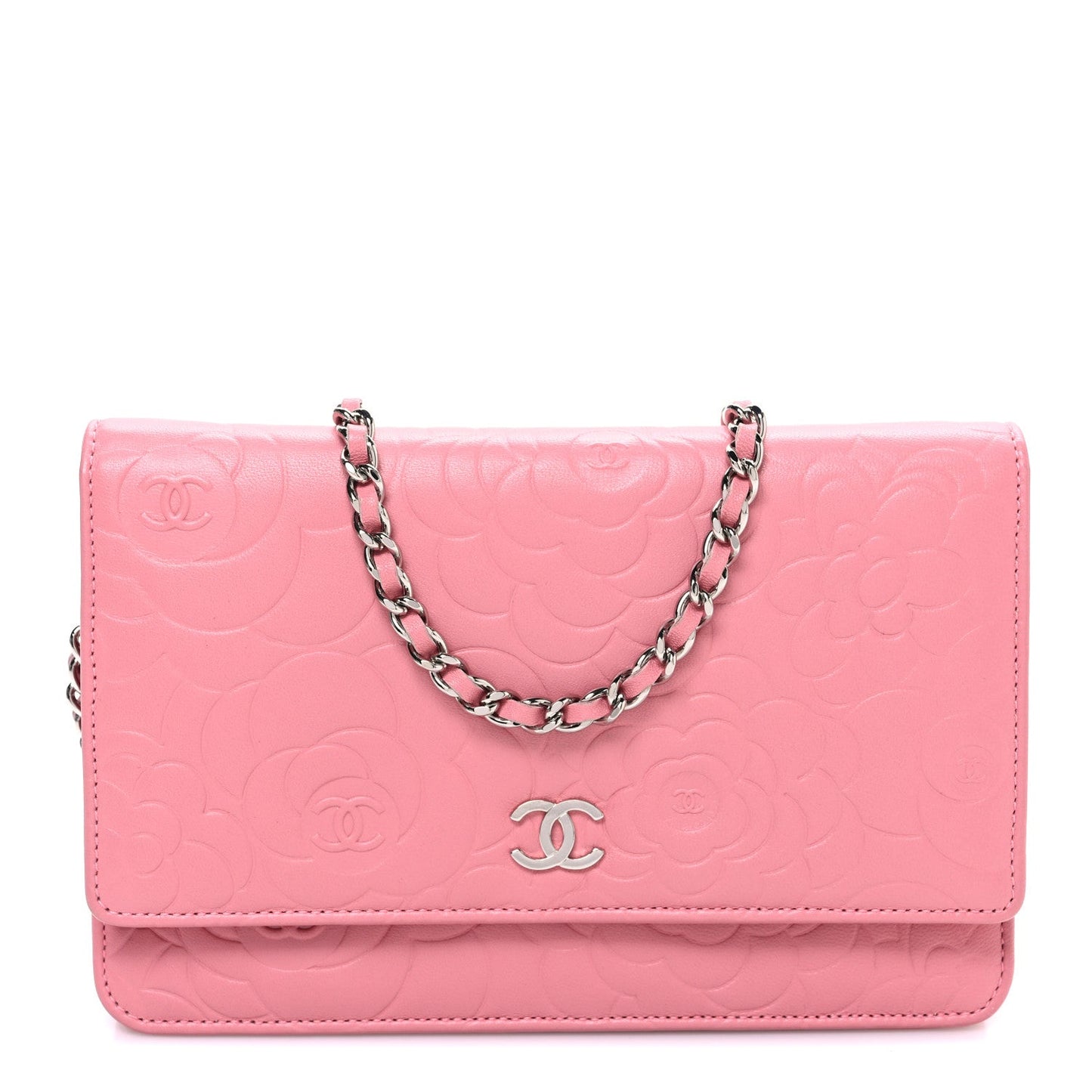 Lambskin Camellia Embossed Wallet on Chain WOC Pink