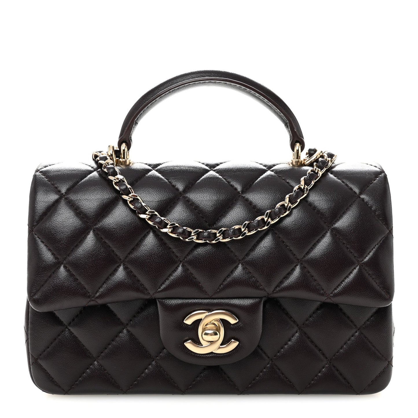Lambskin Quilted Mini Top Handle Rectangular Flap Dark Purple