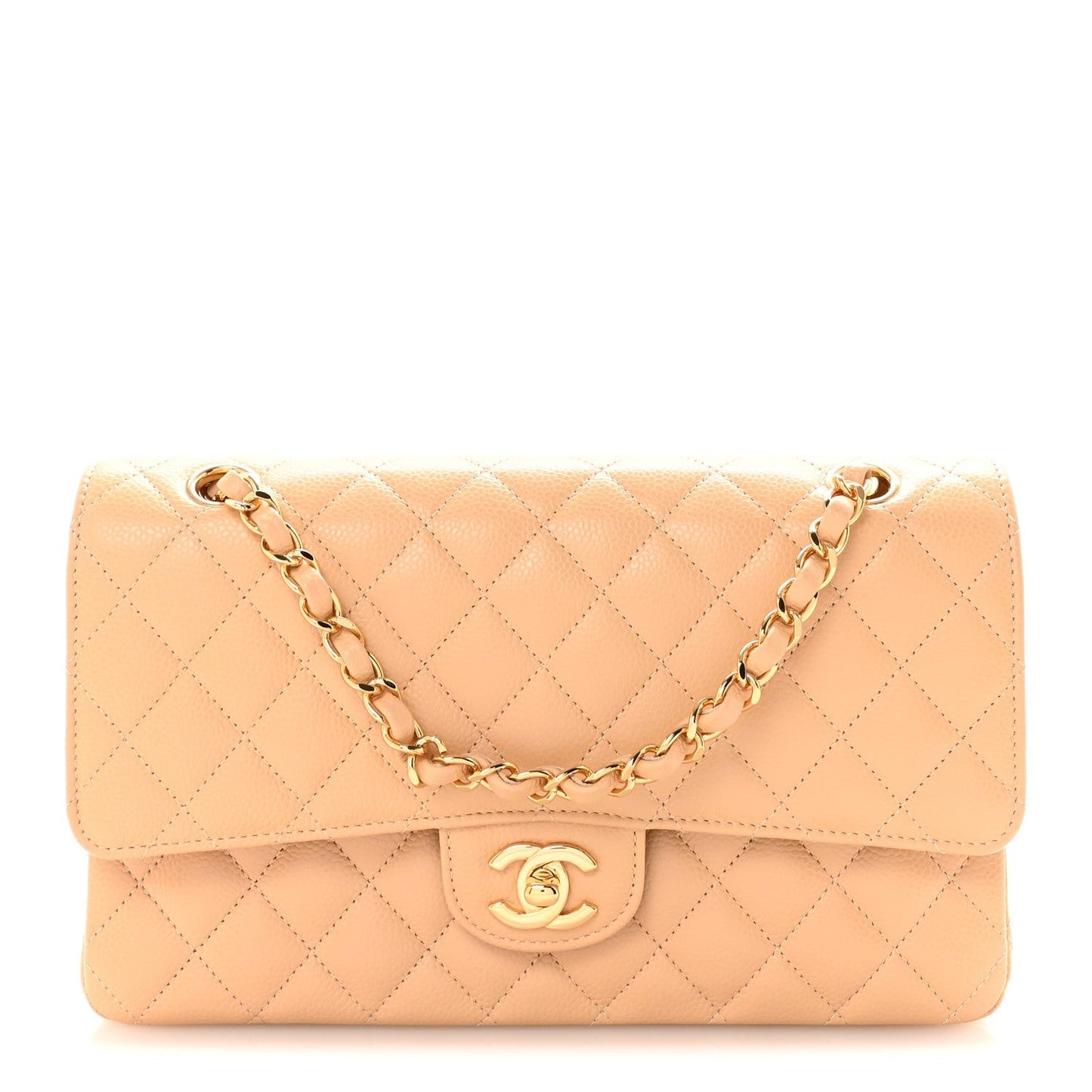 Caviar Quilted Medium Double Flap Beige