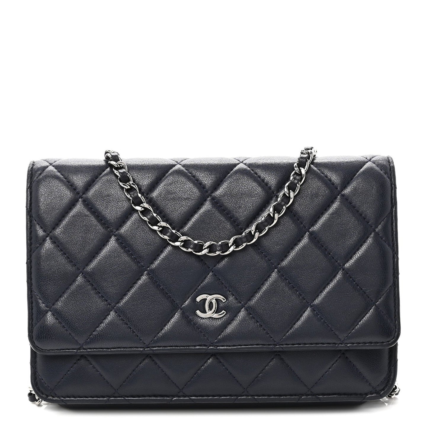 Lambskin Quilted Wallet On Chain WOC Navy Blue