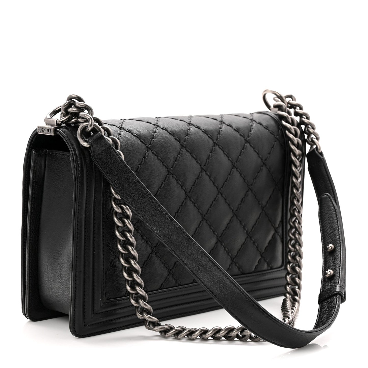 Calfskin Quilted Double Stitched New Medium Boy Flap Black