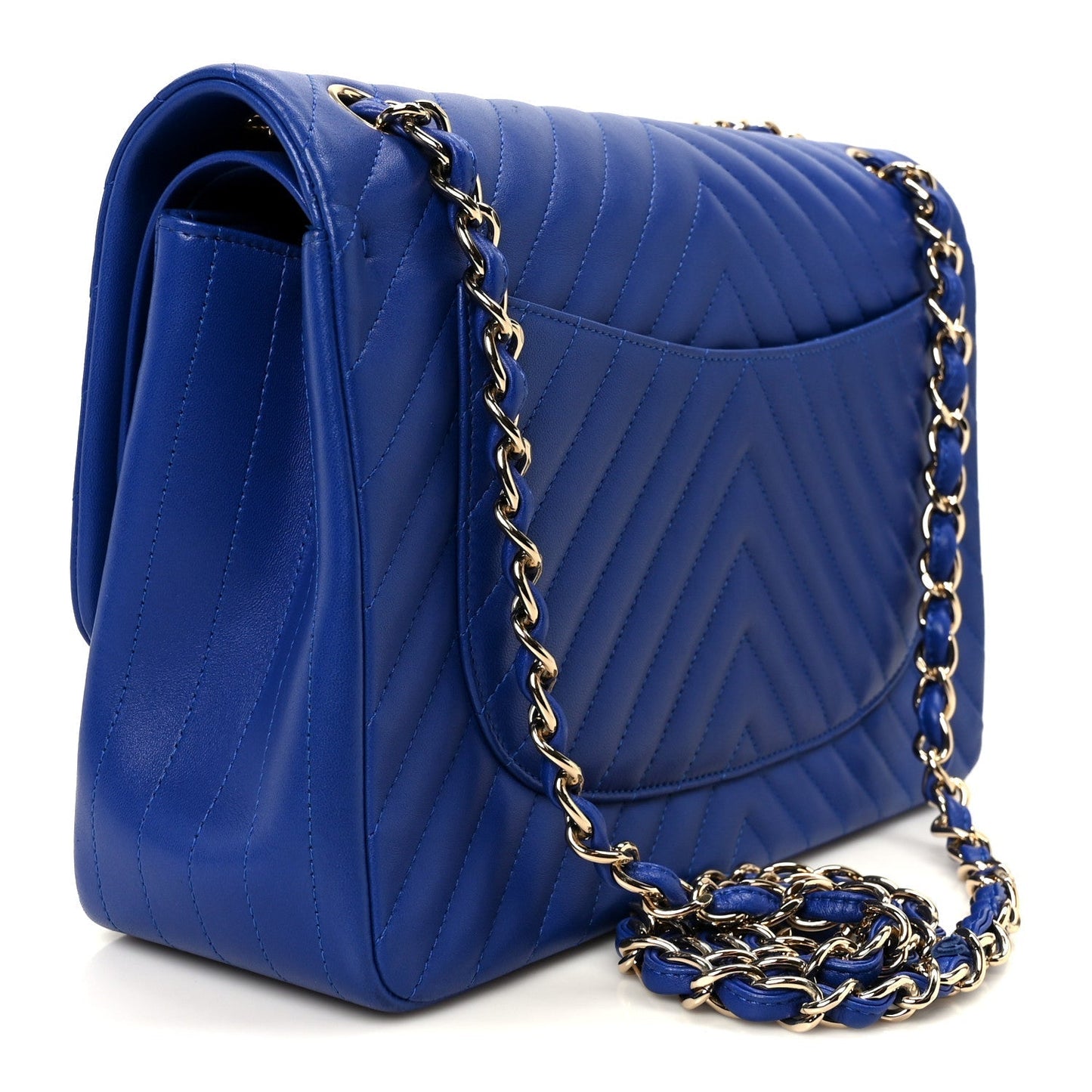 Lambskin Chevron Quilted Jumbo Double Flap Navy Blue